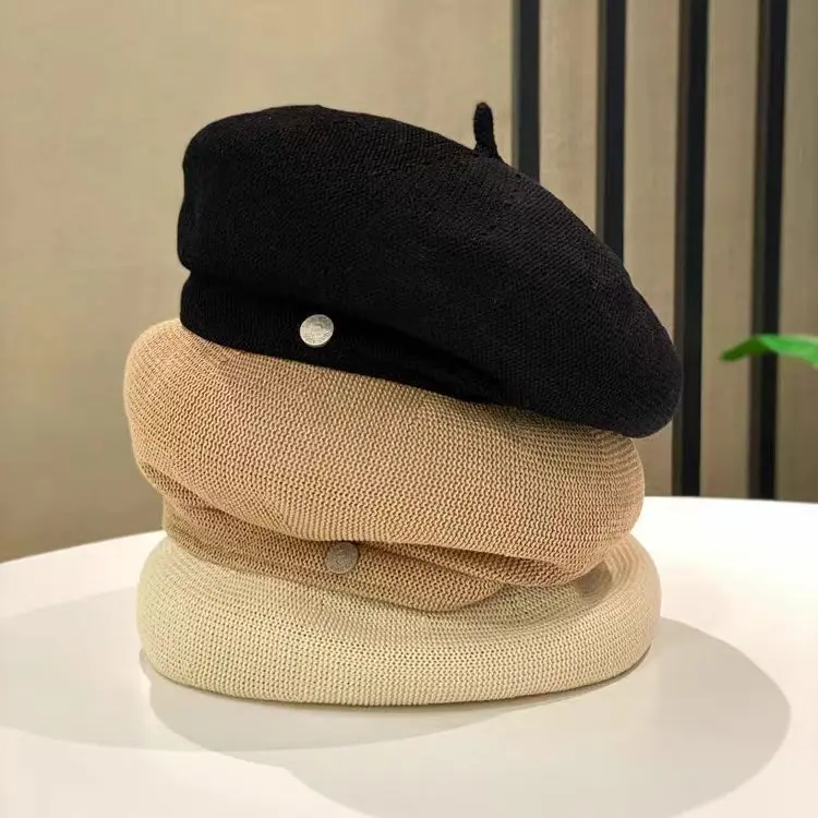 Summer Knitted Thin Beret Korean Edition Small and Versatile Painter's Hat Trendy Casual Temperament Octagonal Hat