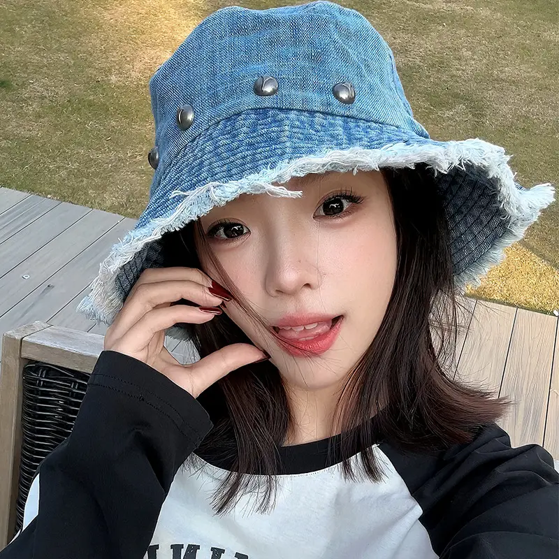 Spring And Summer Fringed Denim Fisherman Hat, Women's Retro Vintage Distressed Large Brim Sun Hat, Willow Nail Basin Hat