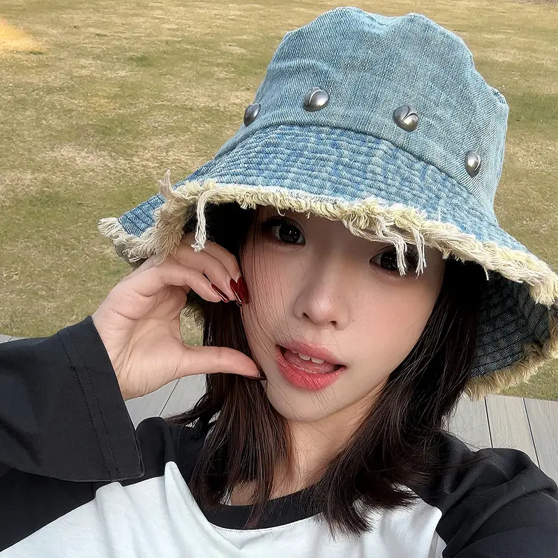 Spring And Summer Fringed Denim Fisherman Hat, Women's Retro Vintage Distressed Large Brim Sun Hat, Willow Nail Basin Hat