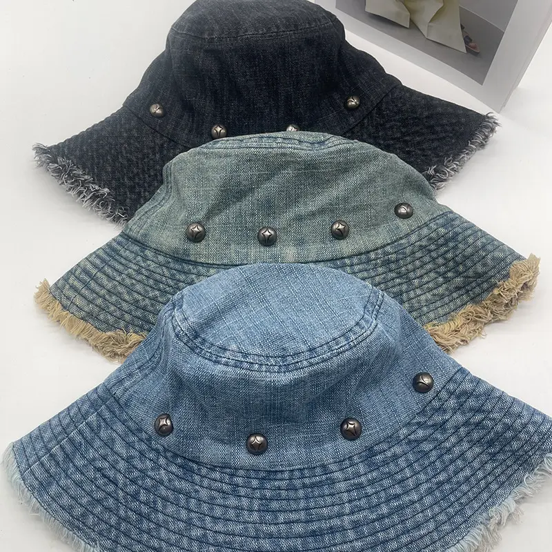 Spring And Summer Fringed Denim Fisherman Hat, Women's Retro Vintage Distressed Large Brim Sun Hat, Willow Nail Basin Hat