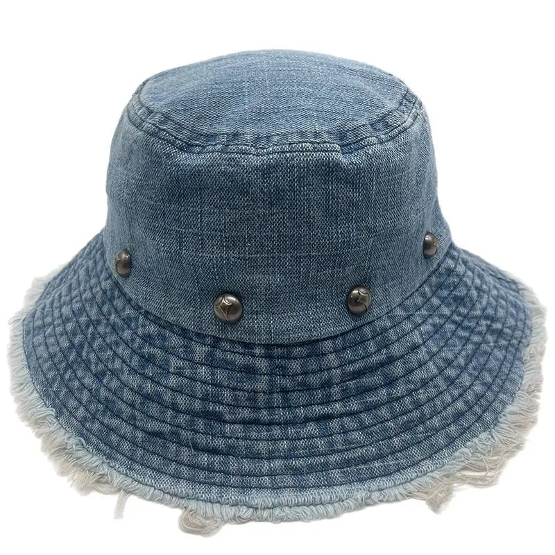 Spring And Summer Fringed Denim Fisherman Hat, Women's Retro Vintage Distressed Large Brim Sun Hat, Willow Nail Basin Hat
