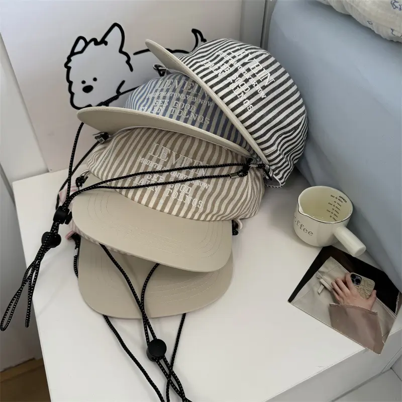 New Designer Korean Striped Embroidered Baseball Cap, Summer Sun Hat, Flat Brimmed Duckbill Cap, Versatile Hat