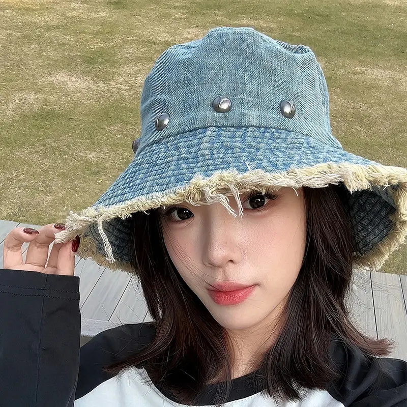 Spring And Summer Fringed Denim Fisherman Hat, Women's Retro Vintage Distressed Large Brim Sun Hat, Willow Nail Basin Hat