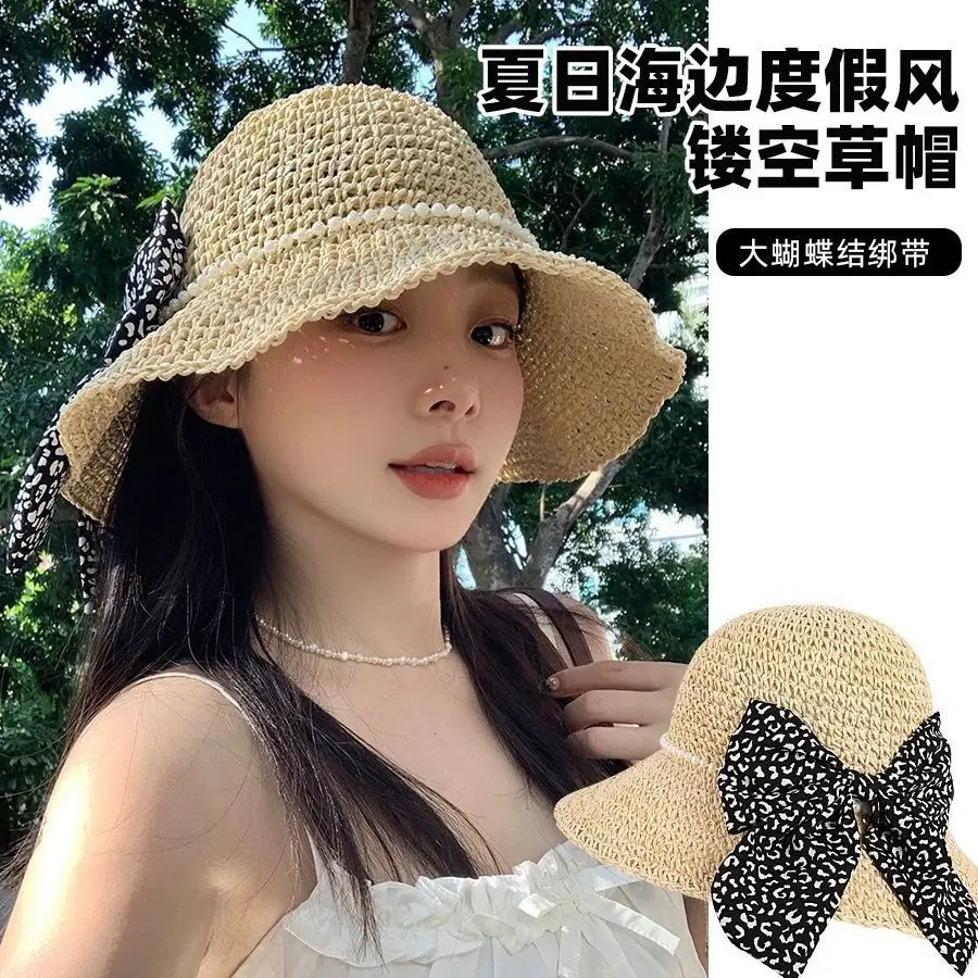 Spring Vacation Bow Fashionable Beach Hat For Women, 2025 Spring New Style, Face Enhancing Small Sunshade Straw Hat