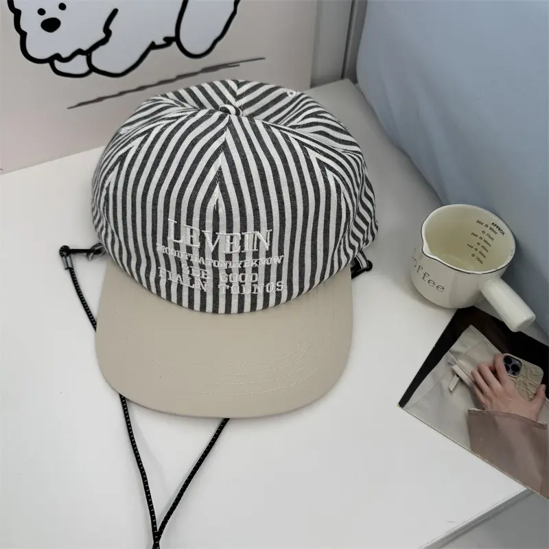 New Designer Korean Striped Embroidered Baseball Cap, Summer Sun Hat, Flat Brimmed Duckbill Cap, Versatile Hat