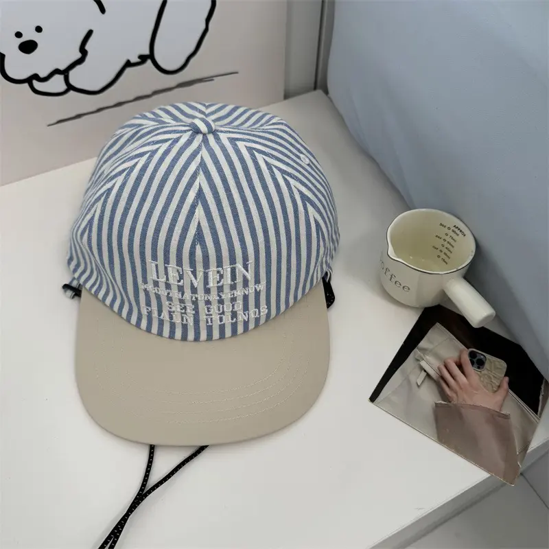 New Designer Korean Striped Embroidered Baseball Cap, Summer Sun Hat, Flat Brimmed Duckbill Cap, Versatile Hat