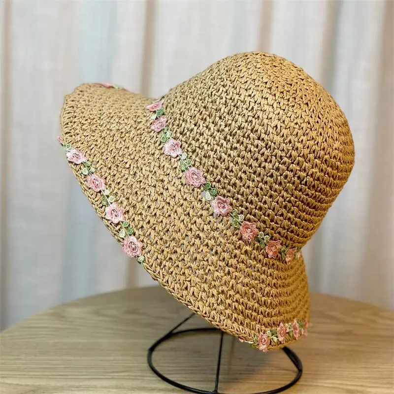 Rural Style Small Fresh Flower Woven Straw Hat For Women's Summer 2025 new Large Eave Sunshade Beach Vacation Sun Hat