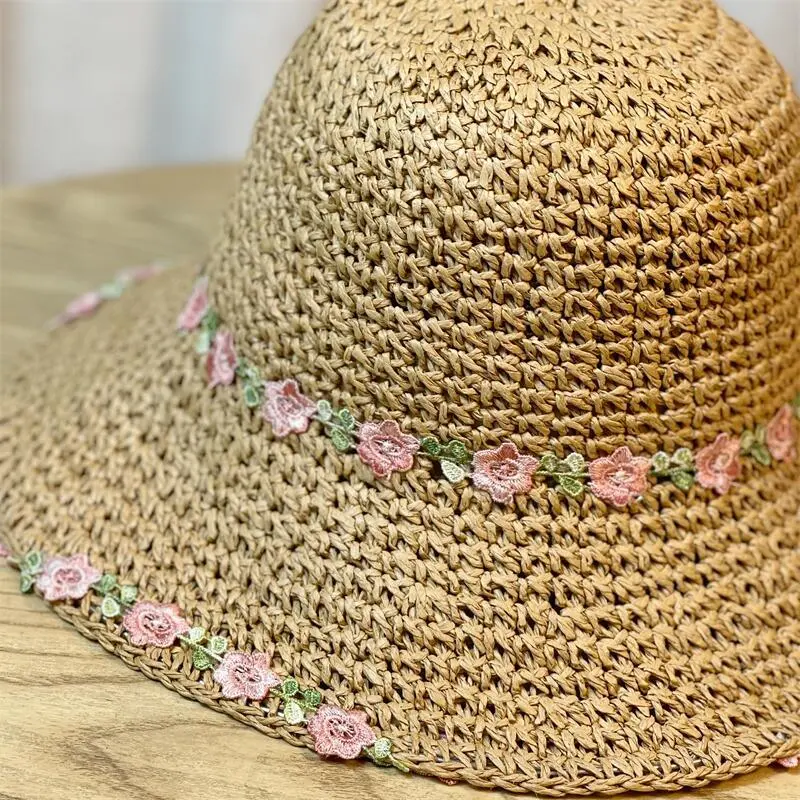 Rural Style Small Fresh Flower Woven Straw Hat For Women's Summer 2025 new Large Eave Sunshade Beach Vacation Sun Hat