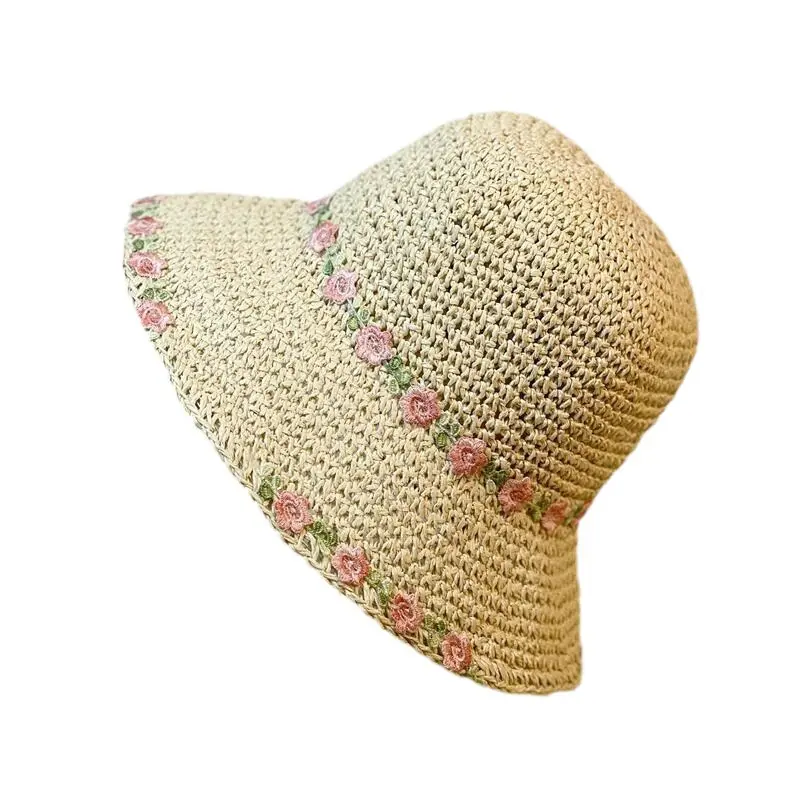 Rural Style Small Fresh Flower Woven Straw Hat For Women's Summer 2025 new Large Eave Sunshade Beach Vacation Sun Hat