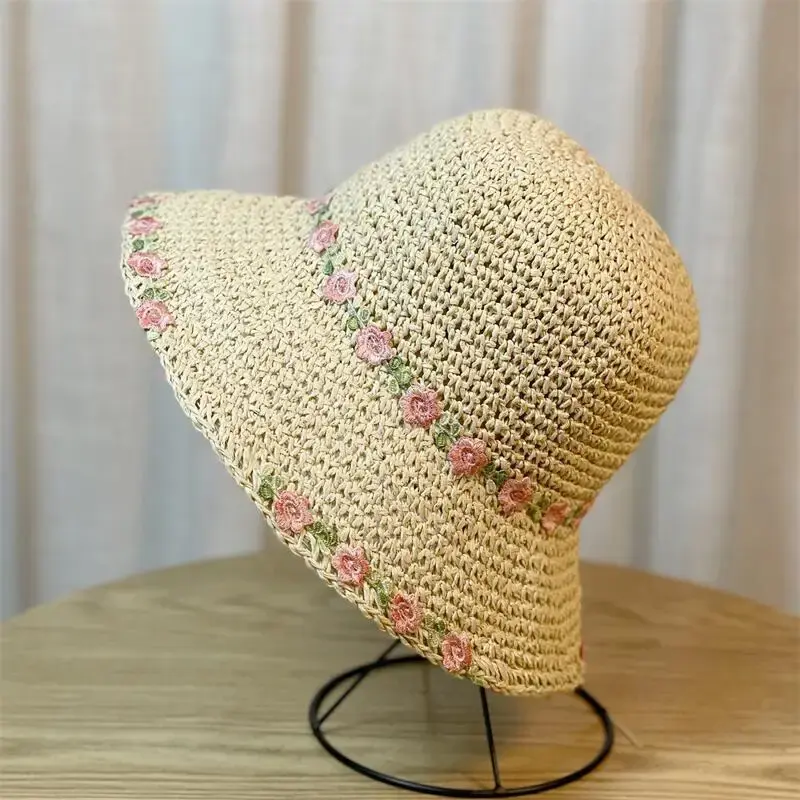 Rural Style Small Fresh Flower Woven Straw Hat For Women's Summer 2025 new Large Eave Sunshade Beach Vacation Sun Hat