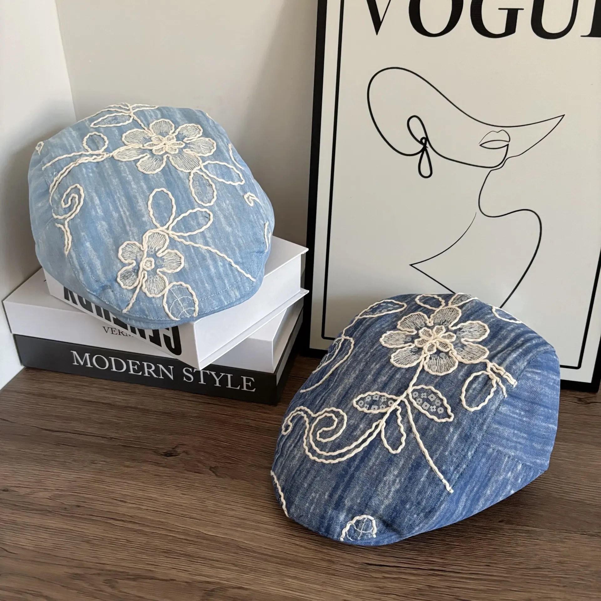 Japanese Embroidered Flower Sparkling Cowboy Duck Tongue Hat Fashionable and Versatile Bow Water Diamond Forward Hat