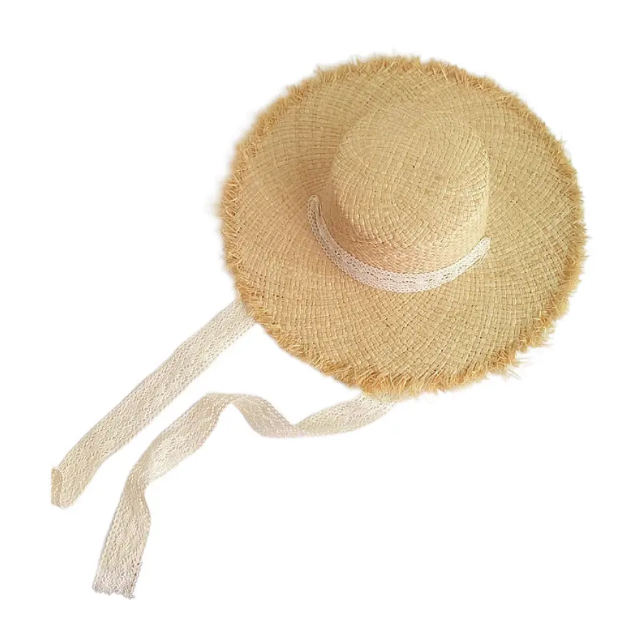 Hairy Brimmed Straw Hat for Women's Summer Outings, Sun Protection Beach Hat, Lace Lace Tied flat Top Lafite Grass sun Hat