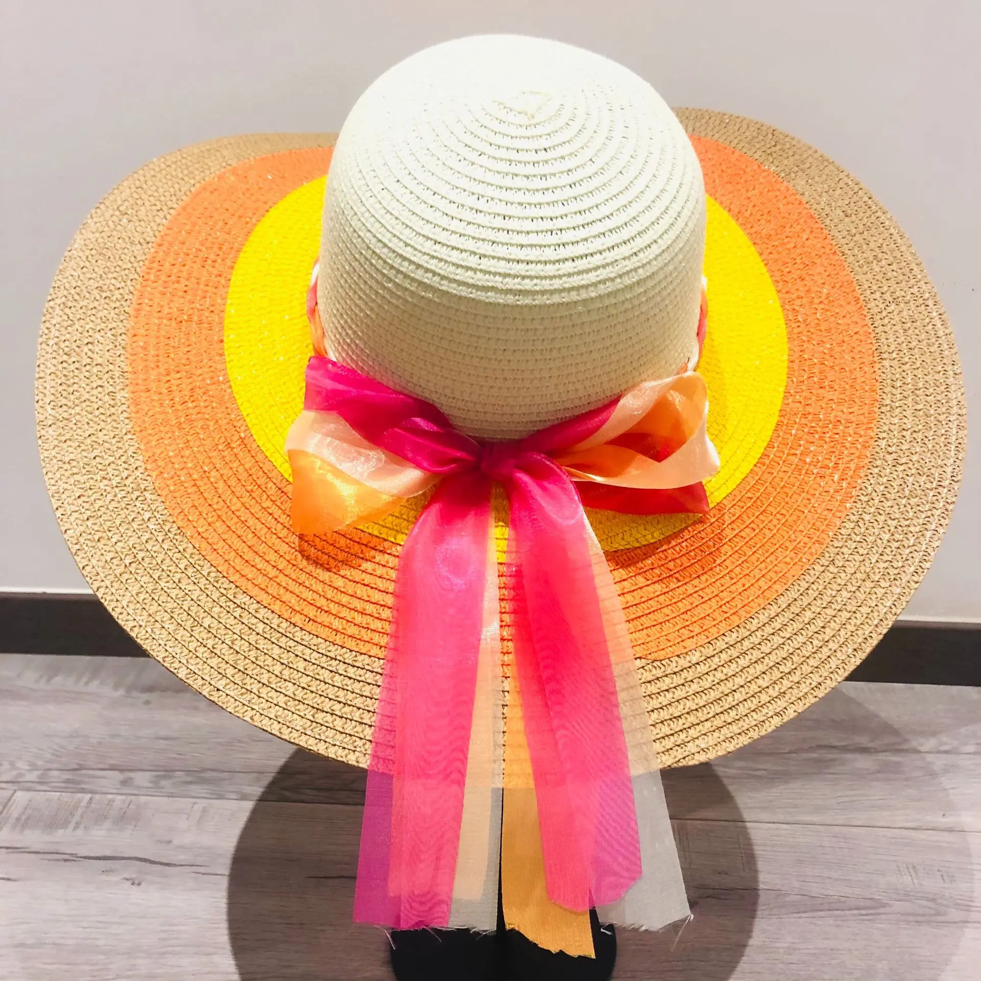 Straw Hat Women's Summer Sun Hat Beach Hat Beach Leisure Vacation Fashionable Sun Hat Folding Big Edge Rainbow Hat