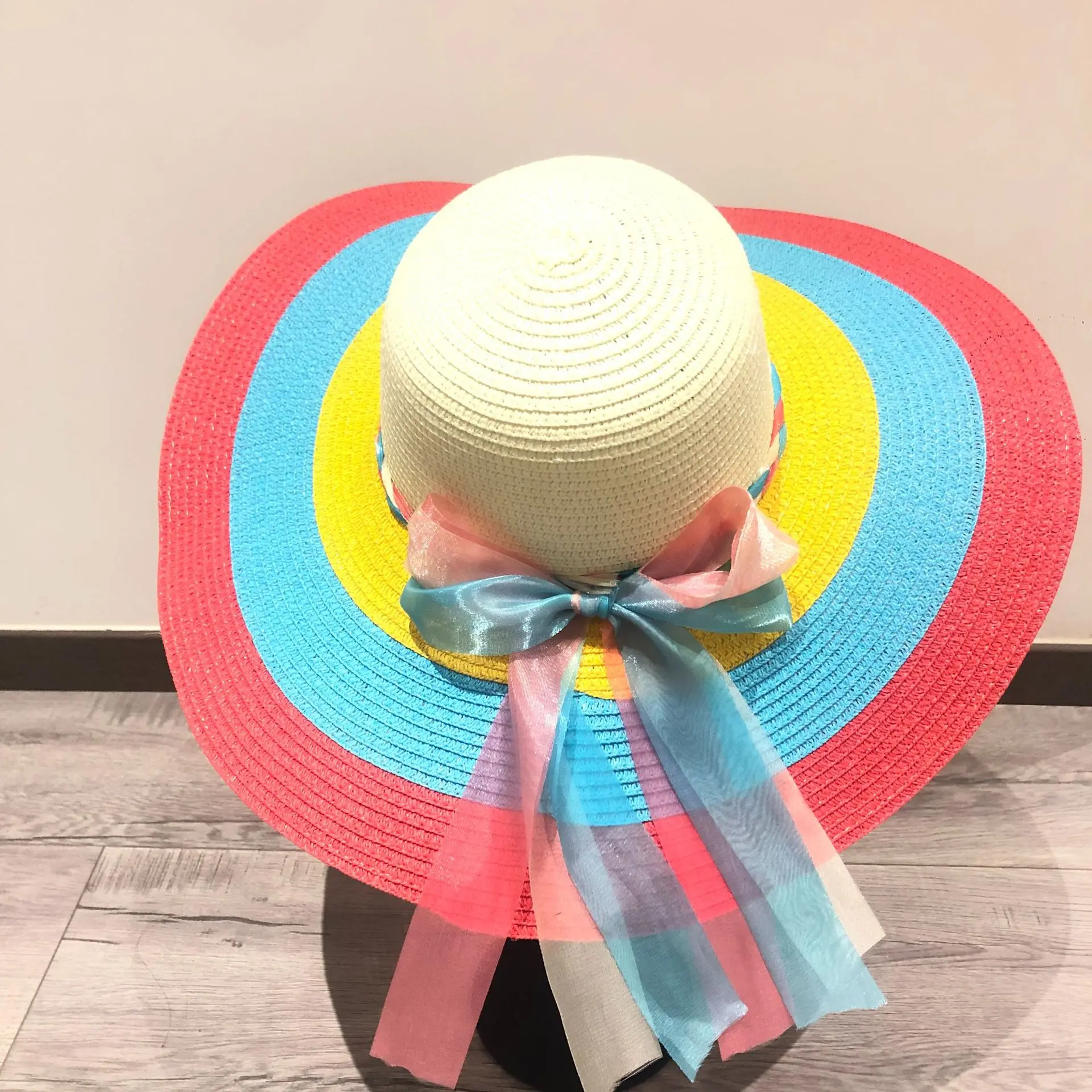 Straw Hat Women's Summer Sun Hat Beach Hat Beach Leisure Vacation Fashionable Sun Hat Folding Big Edge Rainbow Hat