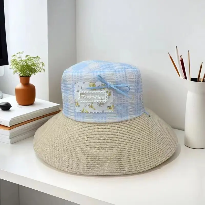 French Lace Bow Tied Straw hat For Women's Spring And Summer Beach Vacation, Large Eave Sun Protection, Flat Top Straw Woven Hat