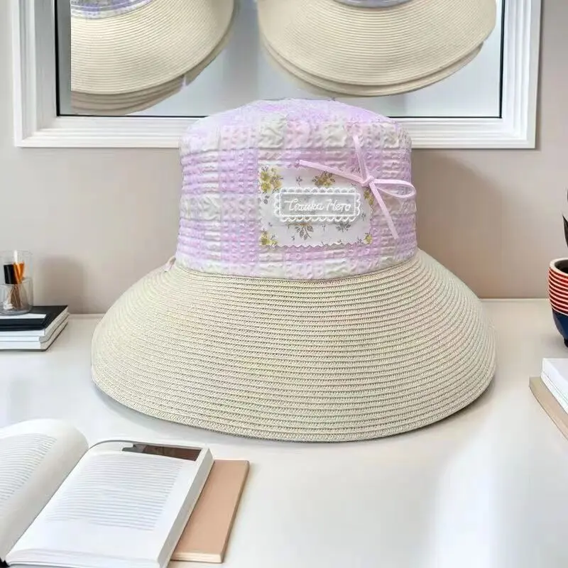 French Lace Bow Tied Straw hat For Women's Spring And Summer Beach Vacation, Large Eave Sun Protection, Flat Top Straw Woven Hat