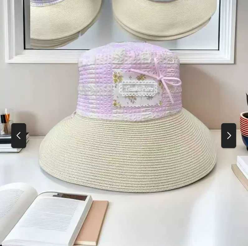 French Lace Bow Tied Straw hat For Women's Spring And Summer Beach Vacation, Large Eave Sun Protection, Flat Top Straw Woven Hat