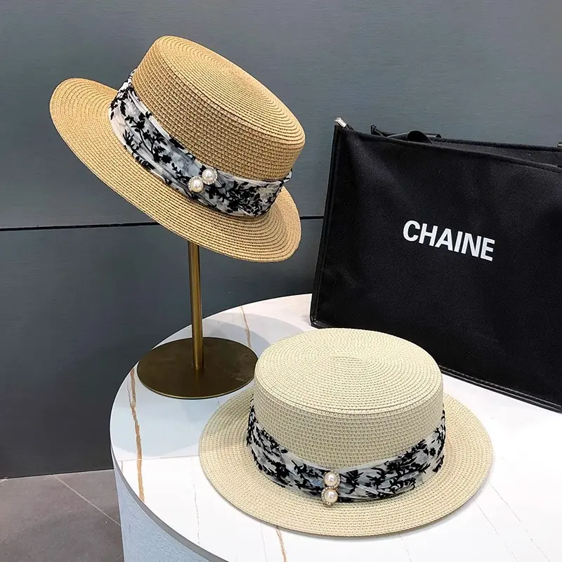 Straw Hat Women's Summer Beach Vacation Sunscreen Hat Straw Weaving Temperament Flat Top Hat New Sun Hat