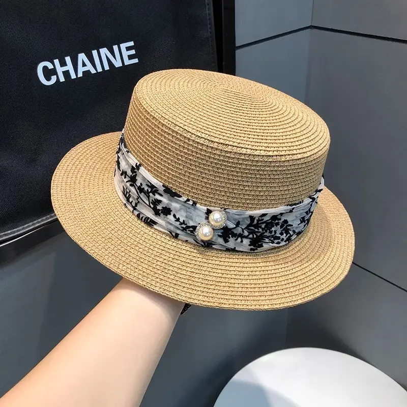 Straw Hat Women's Summer Beach Vacation Sunscreen Hat Straw Weaving Temperament Flat Top Hat New Sun Hat