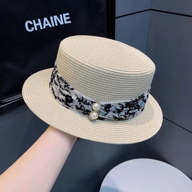 Straw Hat Women's Summer Beach Vacation Sunscreen Hat Straw Weaving Temperament Flat Top Hat New Sun Hat