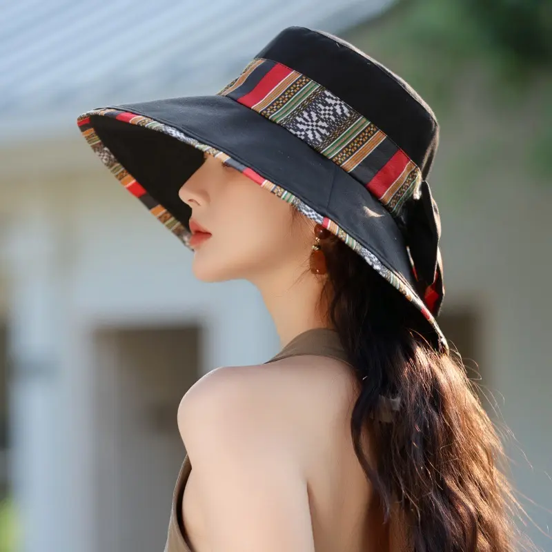 Ethnic Style Fisherman Hat, Outdoor Travel Sun Protection Hat, Big Bow Windproof And UV Resistant Beach Hat
