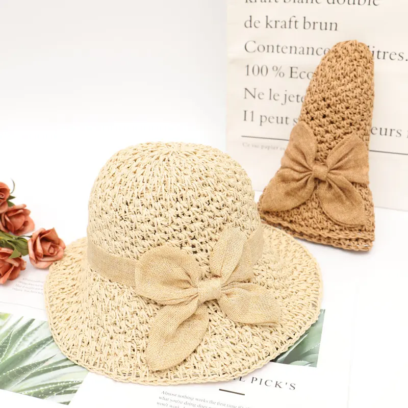 Summer Fresh Sun Hat, Grass hat, Small Edge Fisherman Hat, Simple Bow, Japanese Versatile Beach Sun Hat