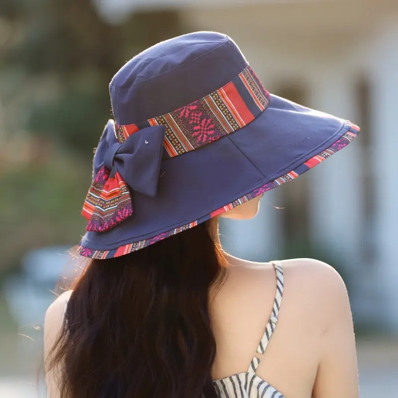 Ethnic Style Fisherman Hat, Outdoor Travel Sun Protection Hat, Big Bow Windproof And UV Resistant Beach Hat