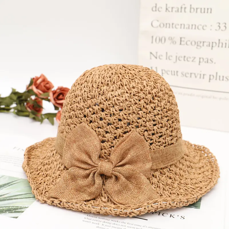 Summer Fresh Sun Hat, Grass hat, Small Edge Fisherman Hat, Simple Bow, Japanese Versatile Beach Sun Hat
