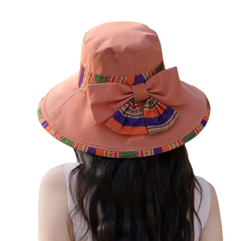 Ethnic Style Fisherman Hat, Outdoor Travel Sun Protection Hat, Big Bow Windproof And UV Resistant Beach Hat