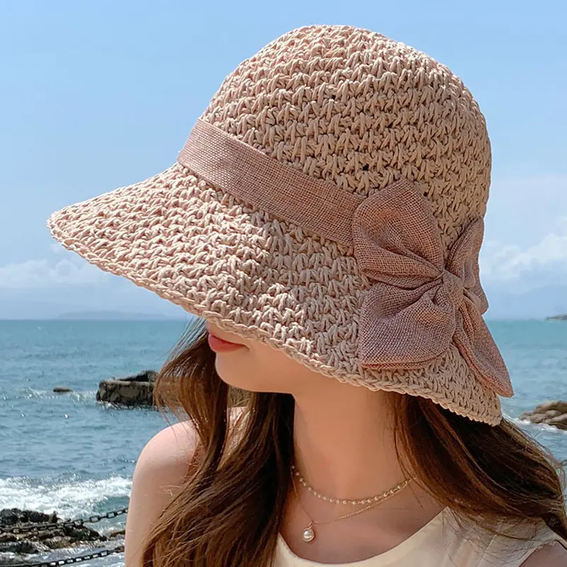 Summer Fresh Sun Hat, Grass hat, Small Edge Fisherman Hat, Simple Bow, Japanese Versatile Beach Sun Hat