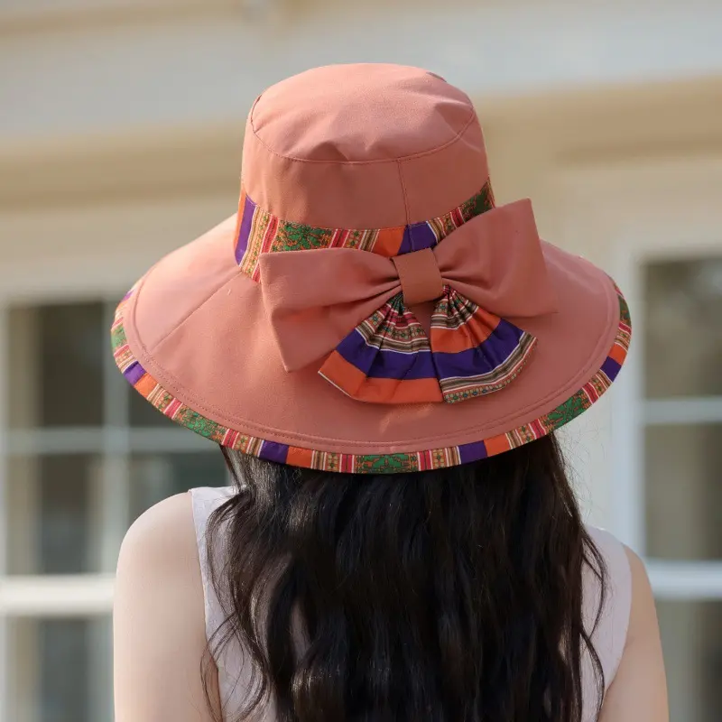 Ethnic Style Fisherman Hat, Outdoor Travel Sun Protection Hat, Big Bow Windproof And UV Resistant Beach Hat