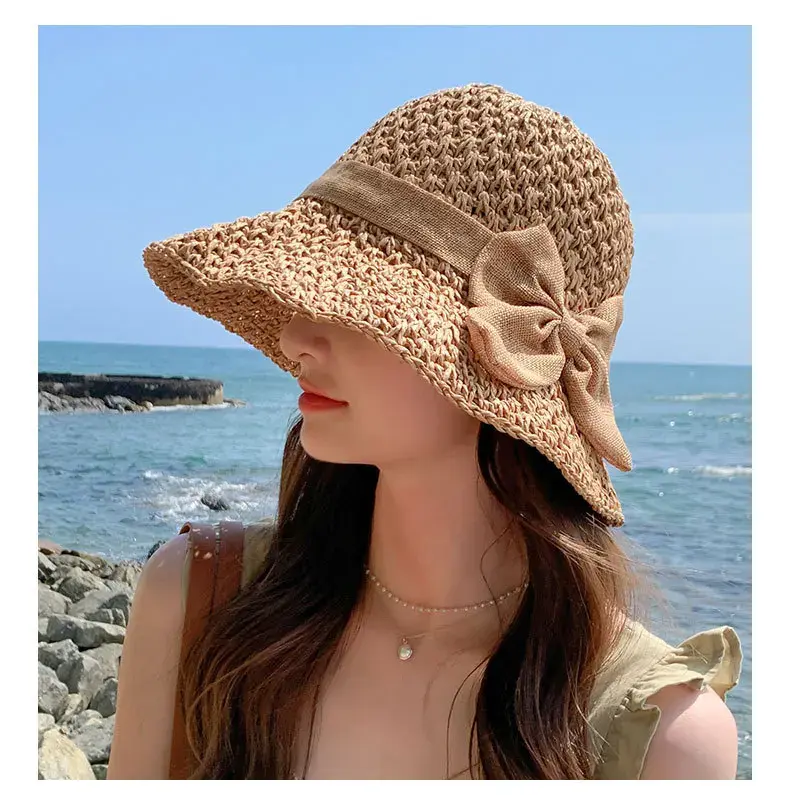 Summer Fresh Sun Hat, Grass hat, Small Edge Fisherman Hat, Simple Bow, Japanese Versatile Beach Sun Hat