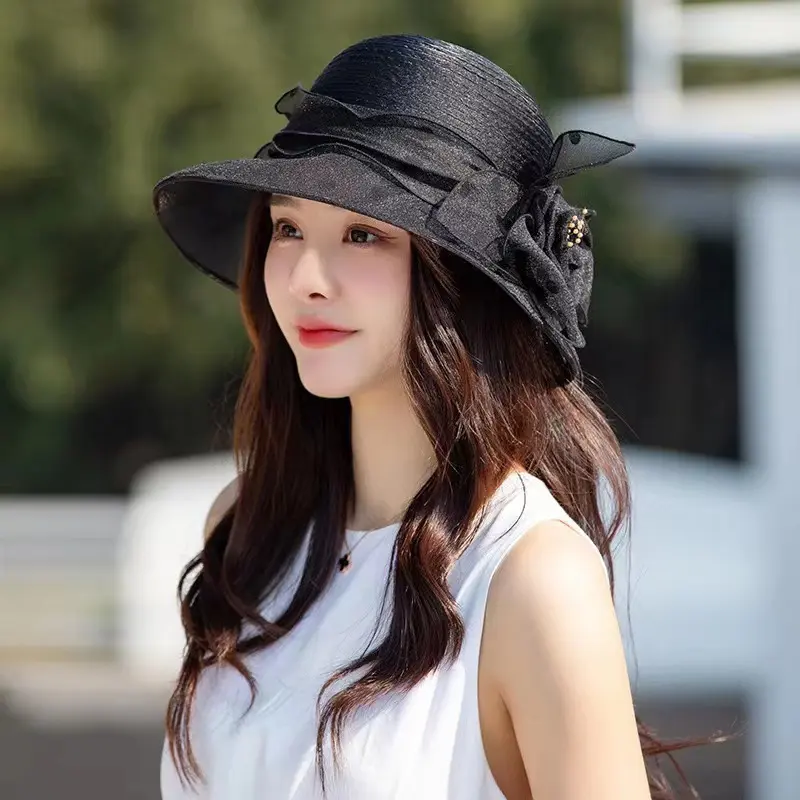 Elegant Summer Sun Hat, Breathable Fashion Hat, Photography Studio, Folding Sun Protection Basin Hat, Organza Big Flower Hat
