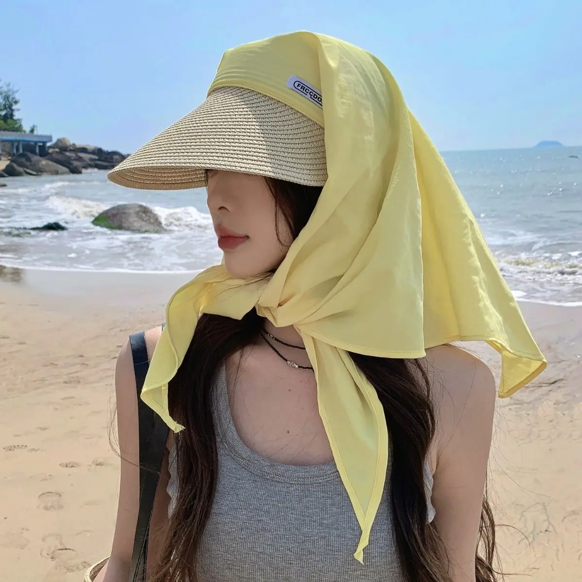 2025 New Large brimmed Grass like Hat for Women's Vacation, Foldable Sunscreen Cover, All in One Headband Sunscreen Hat