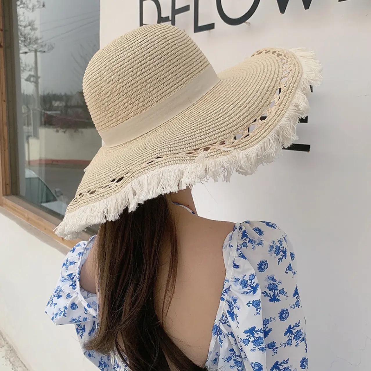 Korean Version Tassel big Brimmed Straw Hat, Summer Seaside Vacation Beach Hat, Hollowed Out Design, Sun Hat, Trendy Hat