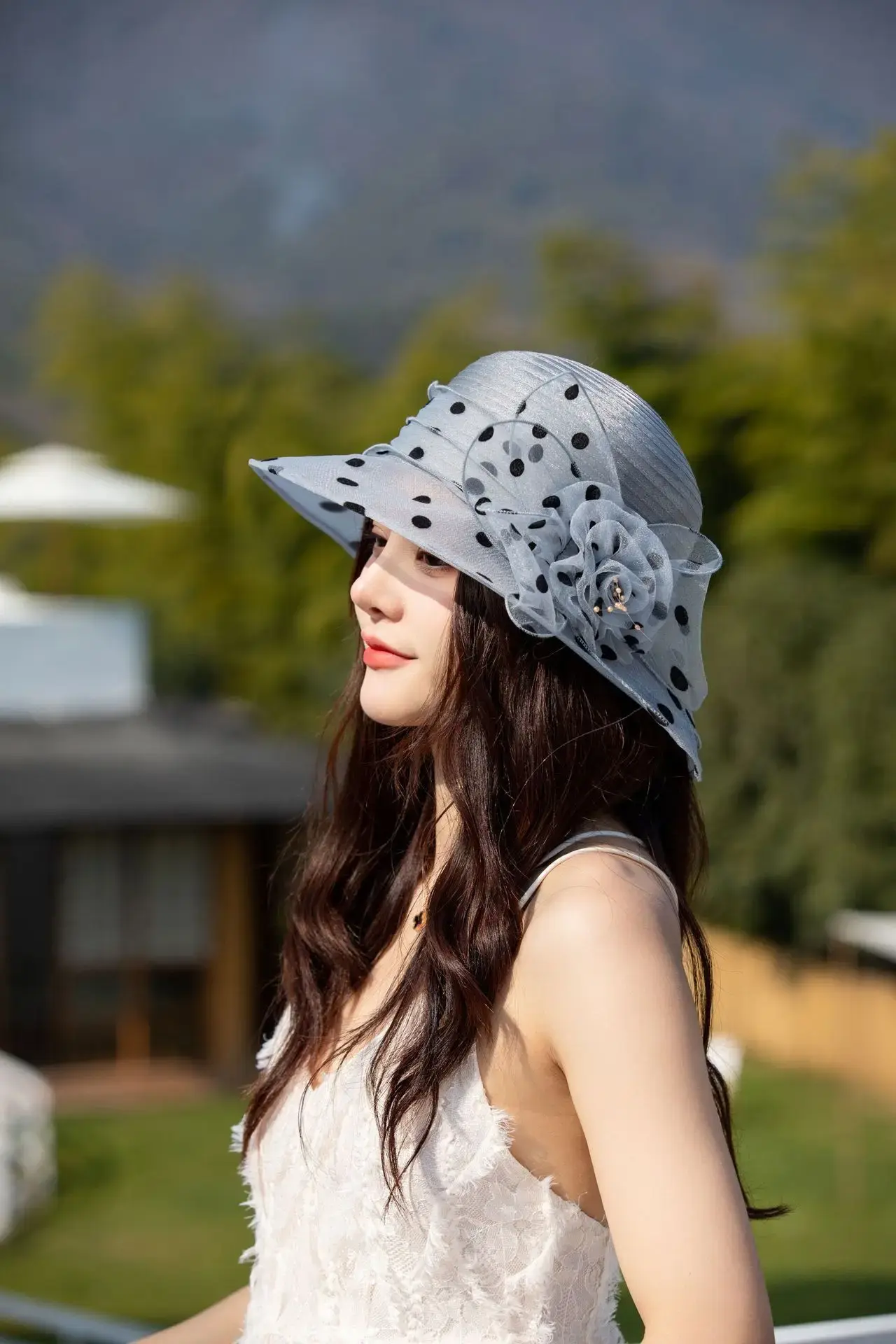 Elegant Summer Sun Hat, Breathable Fashion Hat, Photography Studio, Folding Sun Protection Basin Hat, Organza Big Flower Hat