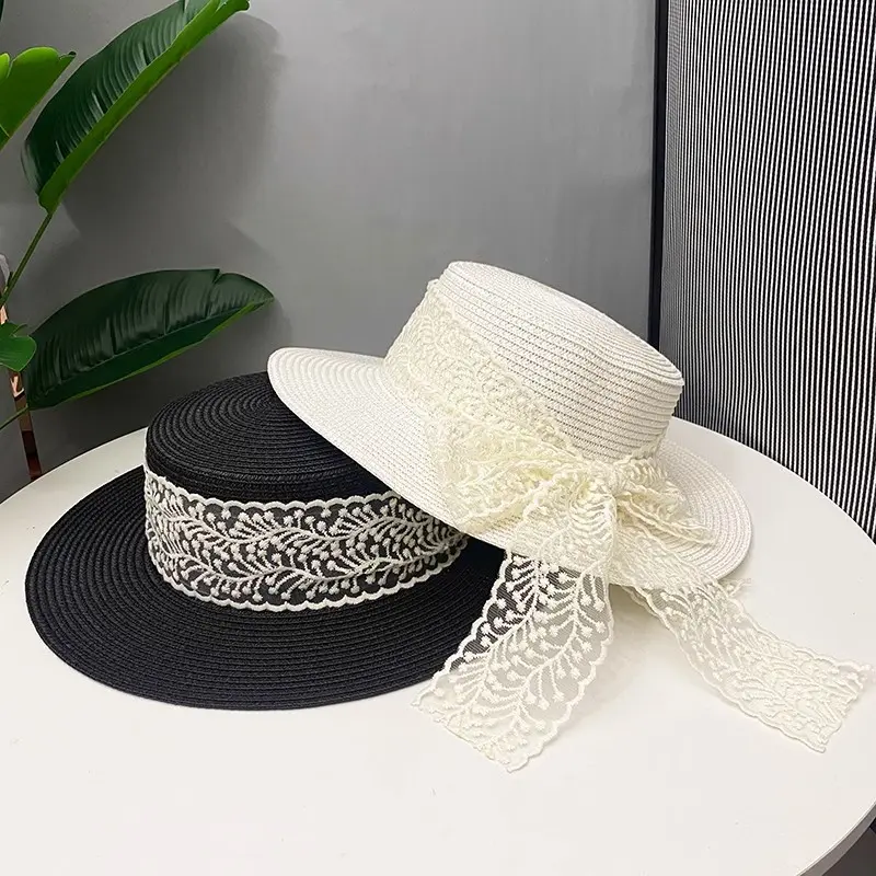 Summer 2025 Women's Flat Top Straw Hat Lace Bow Sunshade Hat Travel Sunscreen Hat Vacation Straw Hat