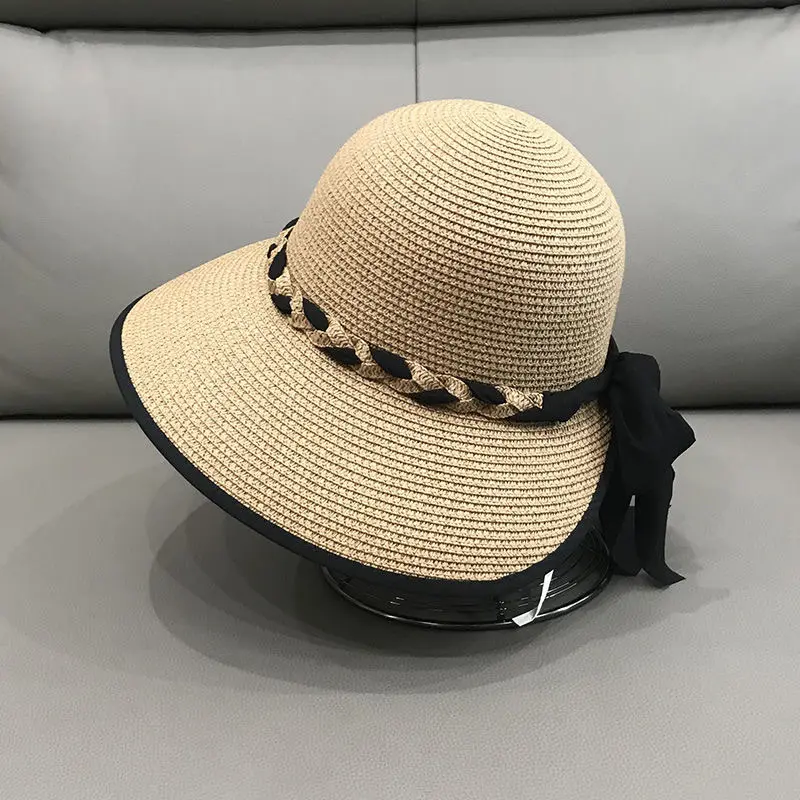 New Grass Woven Sun Hat, Beach Hat, Bow, Summer Large Eave, UV Resistant, Sun Protection, Sun Shading Hat, Grass Hat