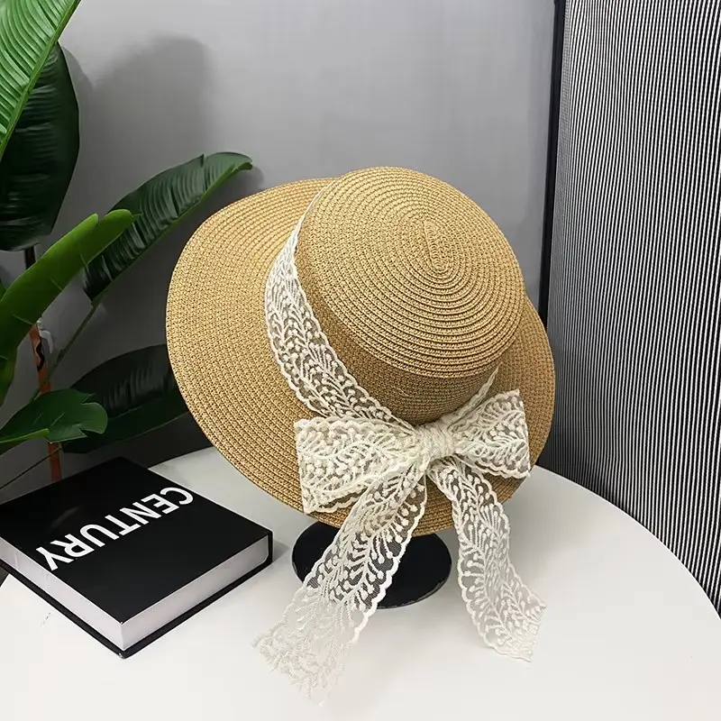 Summer 2025 Women's Flat Top Straw Hat Lace Bow Sunshade Hat Travel Sunscreen Hat Vacation Straw Hat