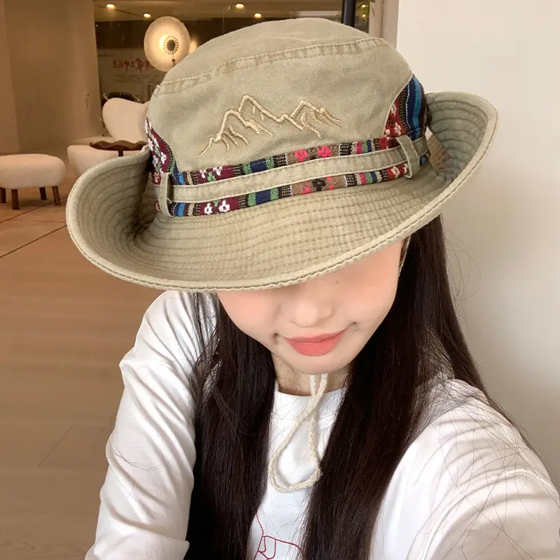 Japanese Washed Embroidered Western Cowboy Fisherman Hat For Women, Summer Outdoor Hiking, Big Brim, Small Face, Sun Hat