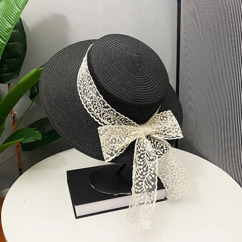 Summer 2025 Women's Flat Top Straw Hat Lace Bow Sunshade Hat Travel Sunscreen Hat Vacation Straw Hat