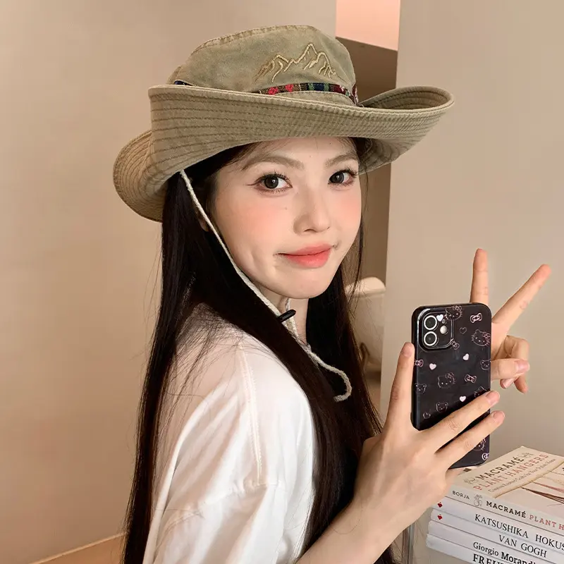 Japanese Washed Embroidered Western Cowboy Fisherman Hat For Women, Summer Outdoor Hiking, Big Brim, Small Face, Sun Hat