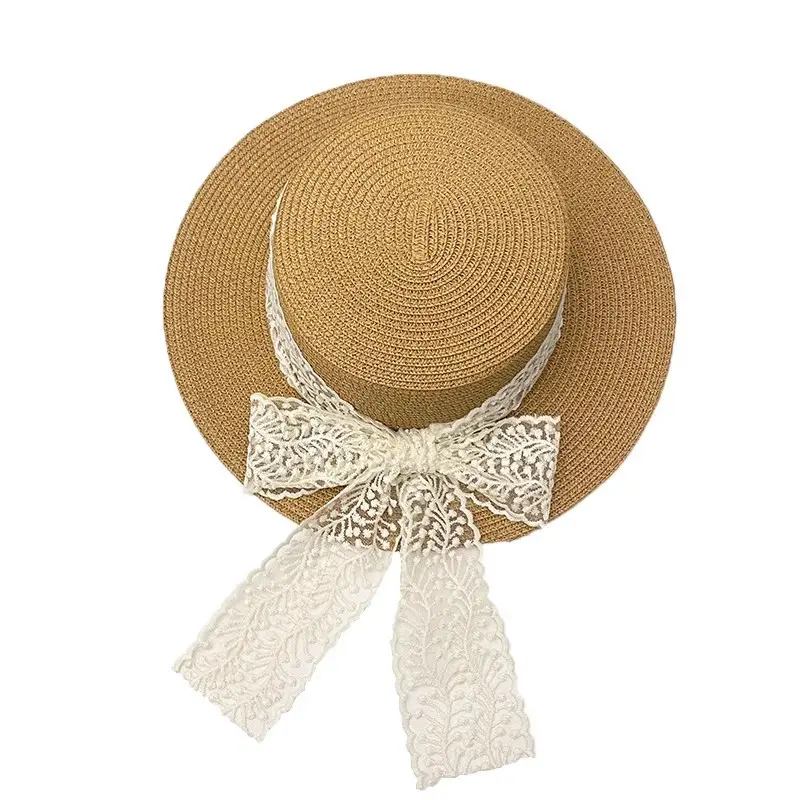 Summer 2025 Women's Flat Top Straw Hat Lace Bow Sunshade Hat Travel Sunscreen Hat Vacation Straw Hat