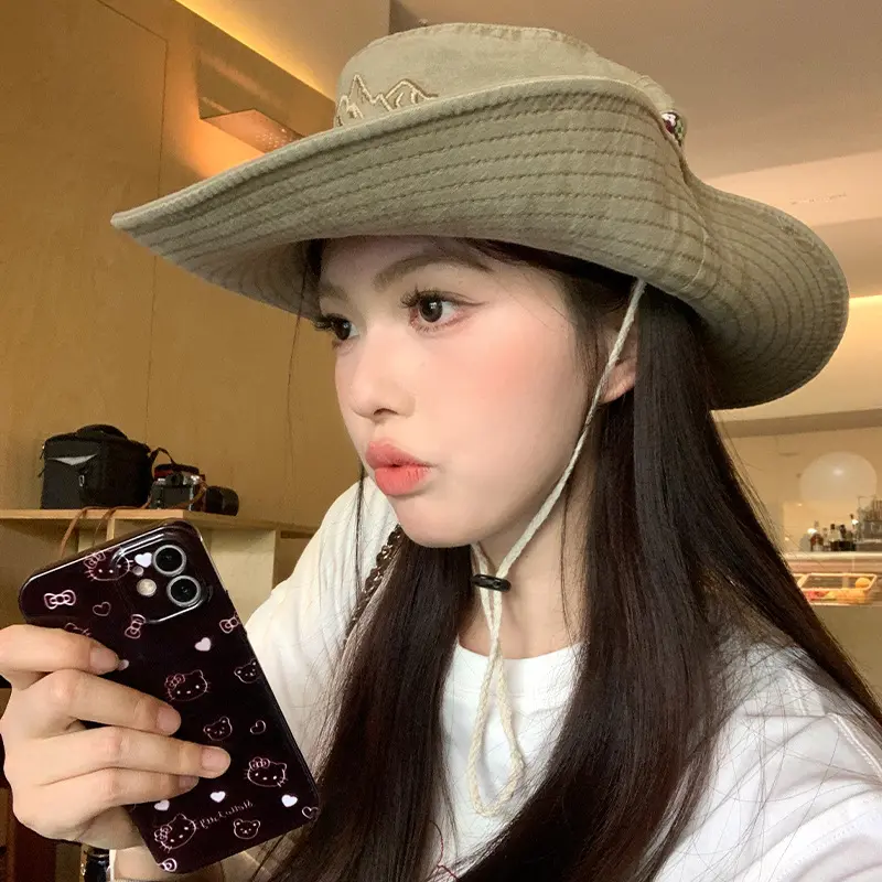 Japanese Washed Embroidered Western Cowboy Fisherman Hat For Women, Summer Outdoor Hiking, Big Brim, Small Face, Sun Hat