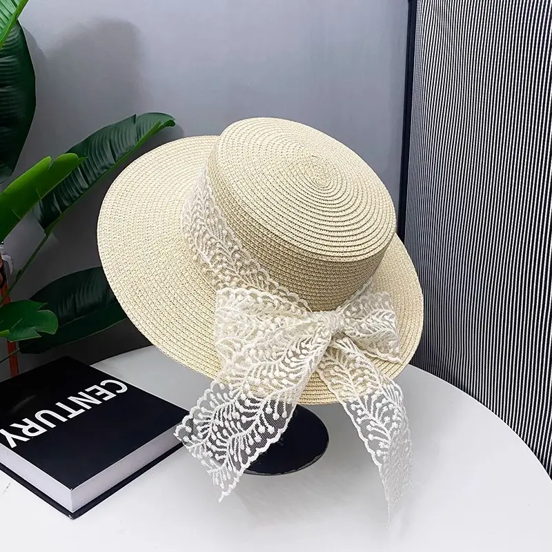 Summer 2025 Women's Flat Top Straw Hat Lace Bow Sunshade Hat Travel Sunscreen Hat Vacation Straw Hat