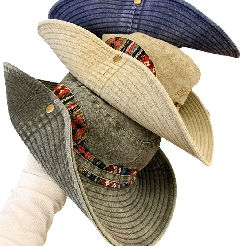 Japanese Washed Embroidered Western Cowboy Fisherman Hat For Women, Summer Outdoor Hiking, Big Brim, Small Face, Sun Hat