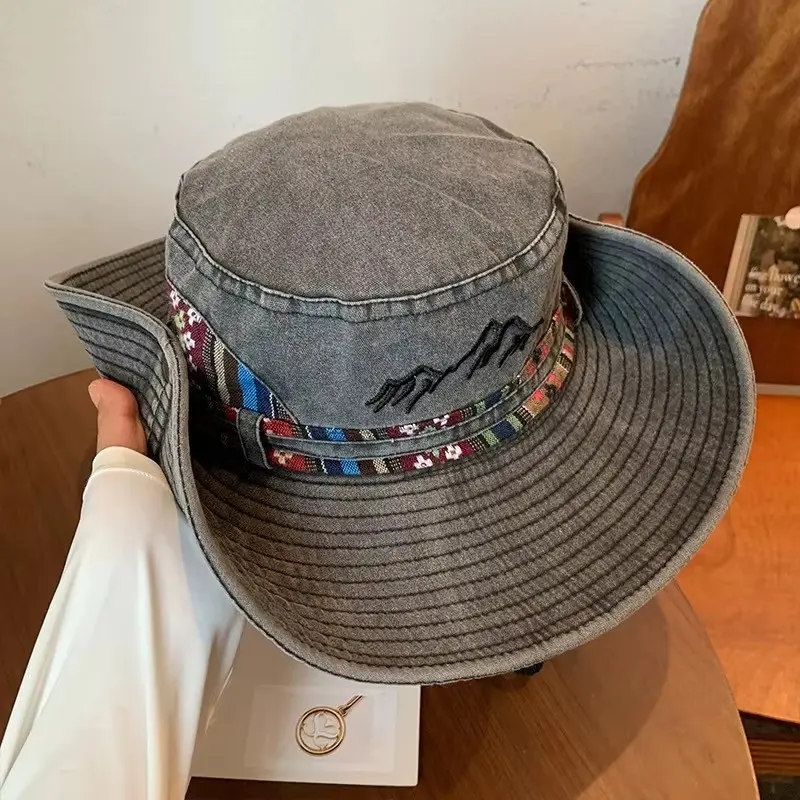 Japanese Washed Embroidered Western Cowboy Fisherman Hat For Women, Summer Outdoor Hiking, Big Brim, Small Face, Sun Hat