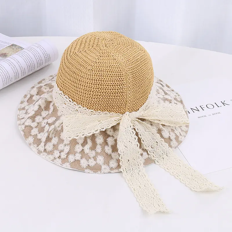 New Ribbon Bow Lace Large Eave Sunshade Fisherman Hat Women's Korean Version Elegant And Versatile Sun Protection Basin Hat