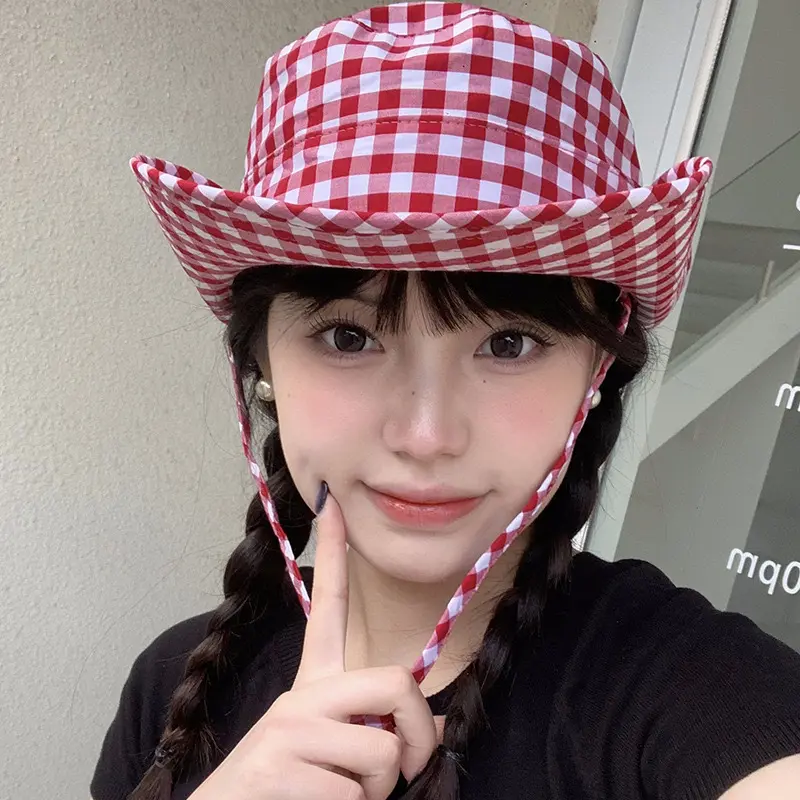New Outdoor Leisure Korean Version Sweet Checkered Fisherman Hat Summer Versatile Sun Hat Basin Hat Sun Hat