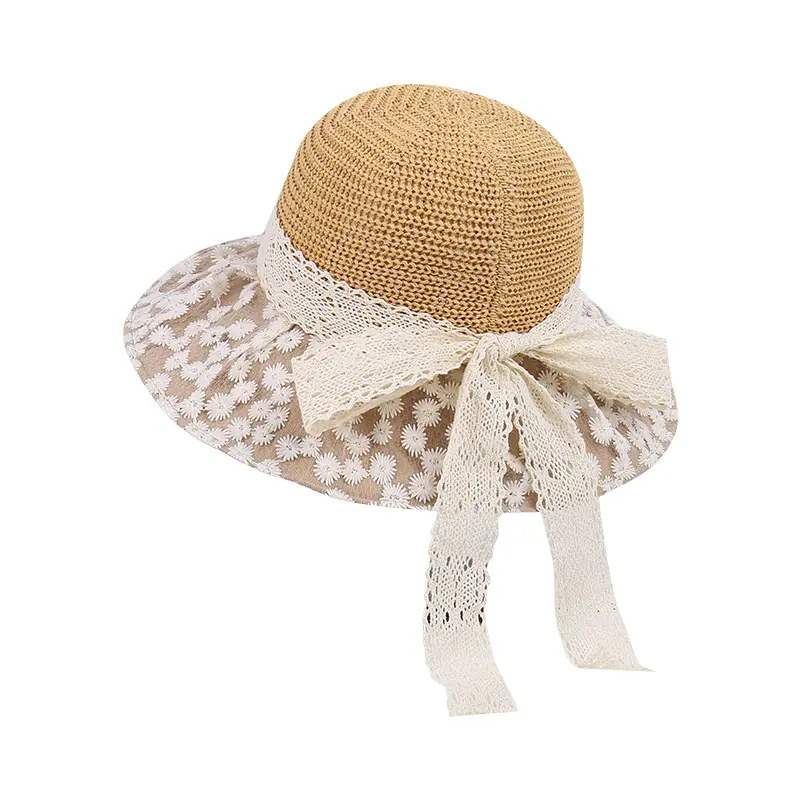 New Ribbon Bow Lace Large Eave Sunshade Fisherman Hat Women's Korean Version Elegant And Versatile Sun Protection Basin Hat